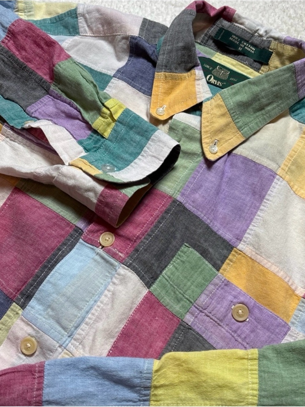 Vintage 1990s Orvis Multicolor Patchwork Madras Button-Down Shirt